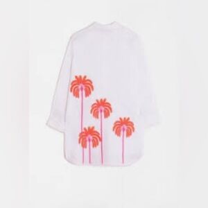 Vilagallo Louisa Embroidered Palm Trees 100% Linen Cream Shirt Size‎ 44 (XL)